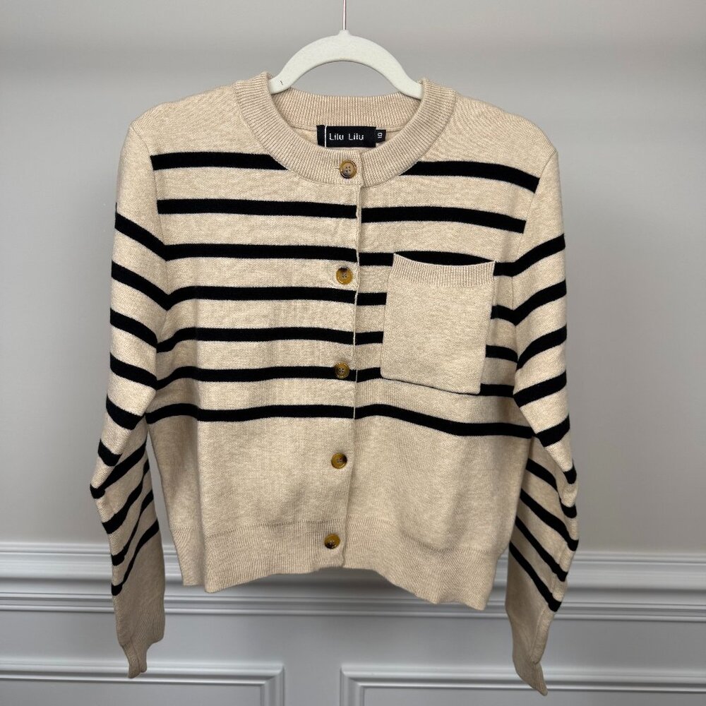 LiLu LiLu Beige Striped Cardigan Sweater, Size 10, Button-Up Front, Long Sleeve